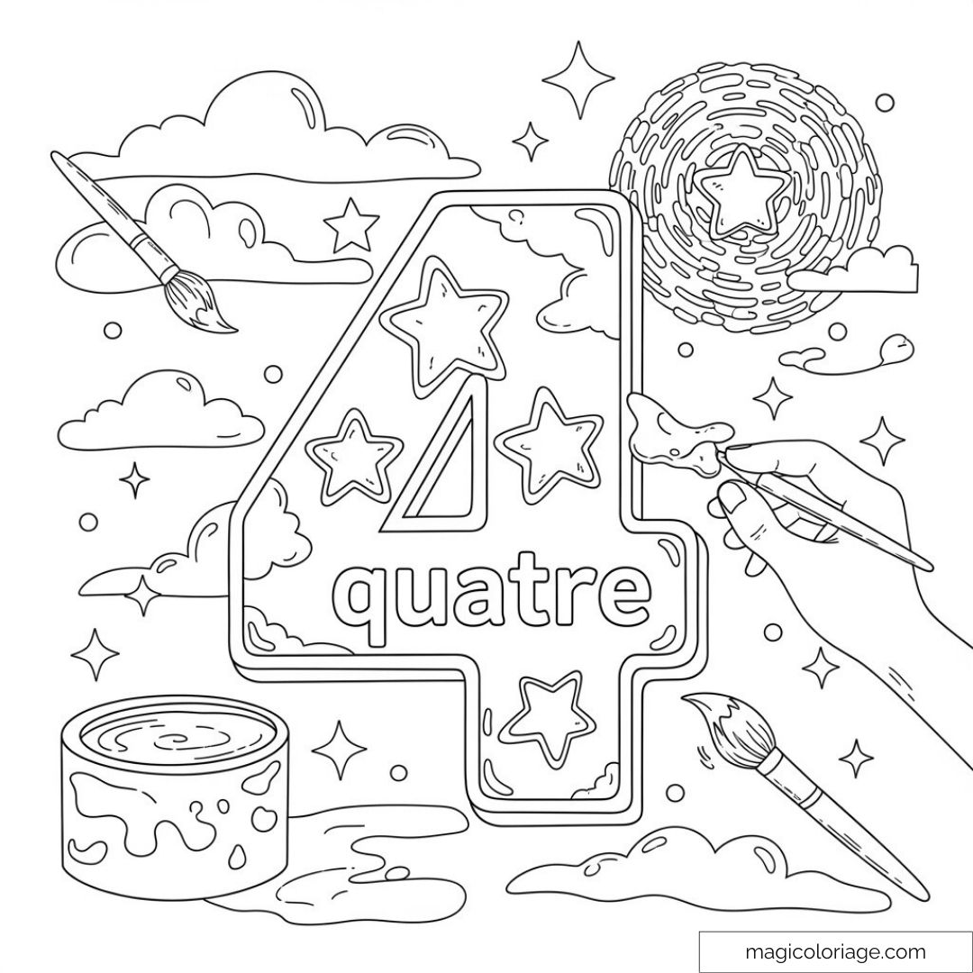Dessin à colorier du chiffre 4 entouré d'étoiles et nuages