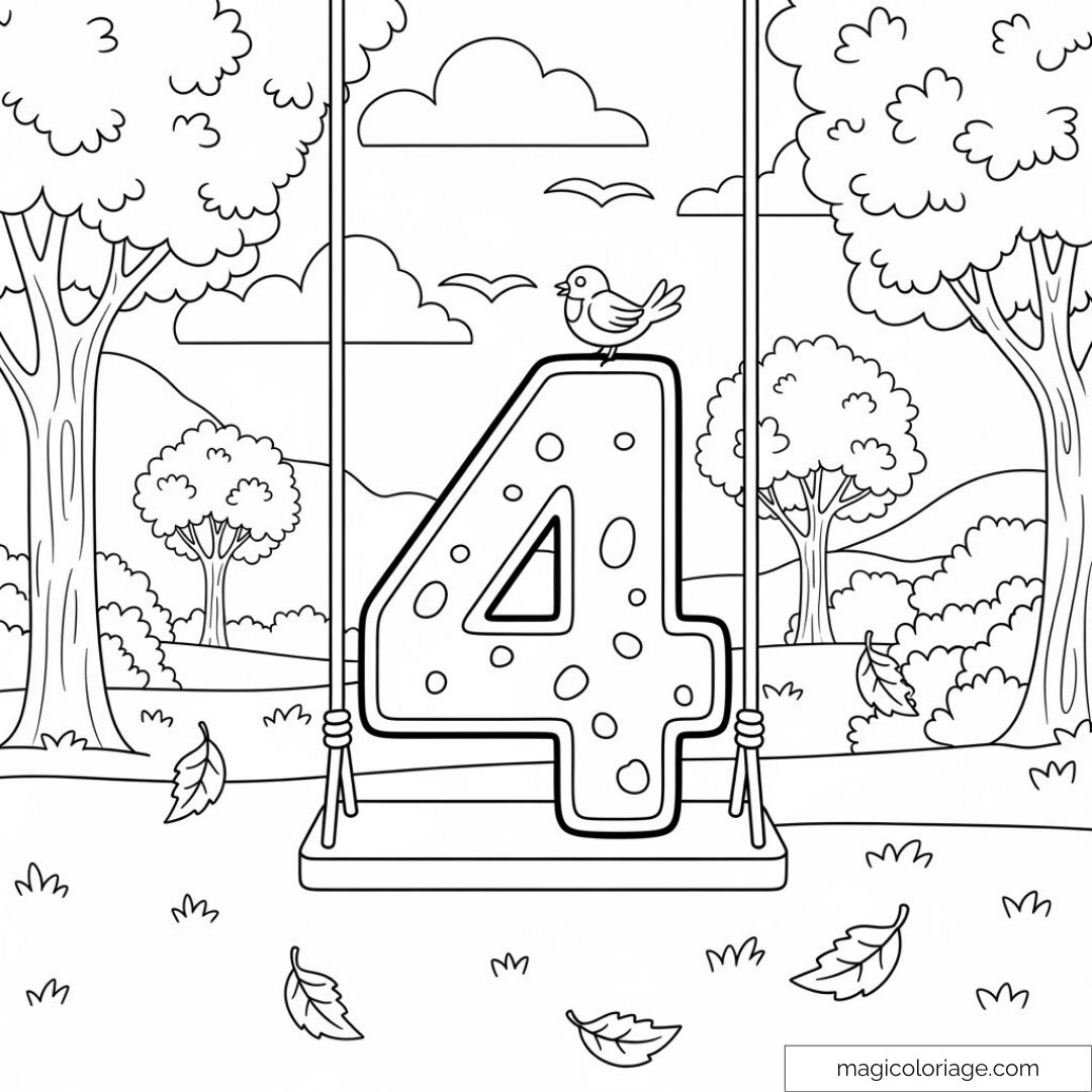 Chiffre 4 sur une balançoire devant un paysage arboré