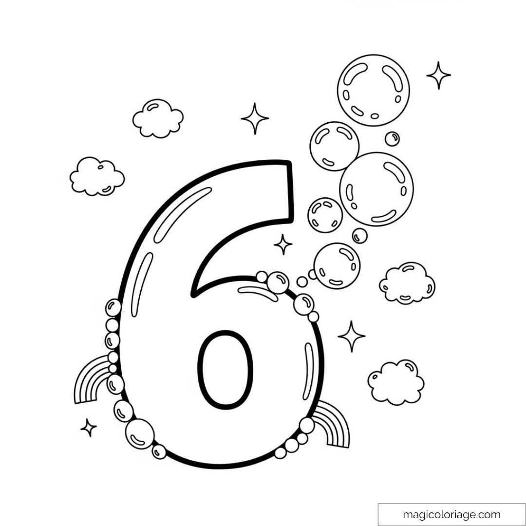 Chiffre 6 entouré de bulles et nuages à colorier