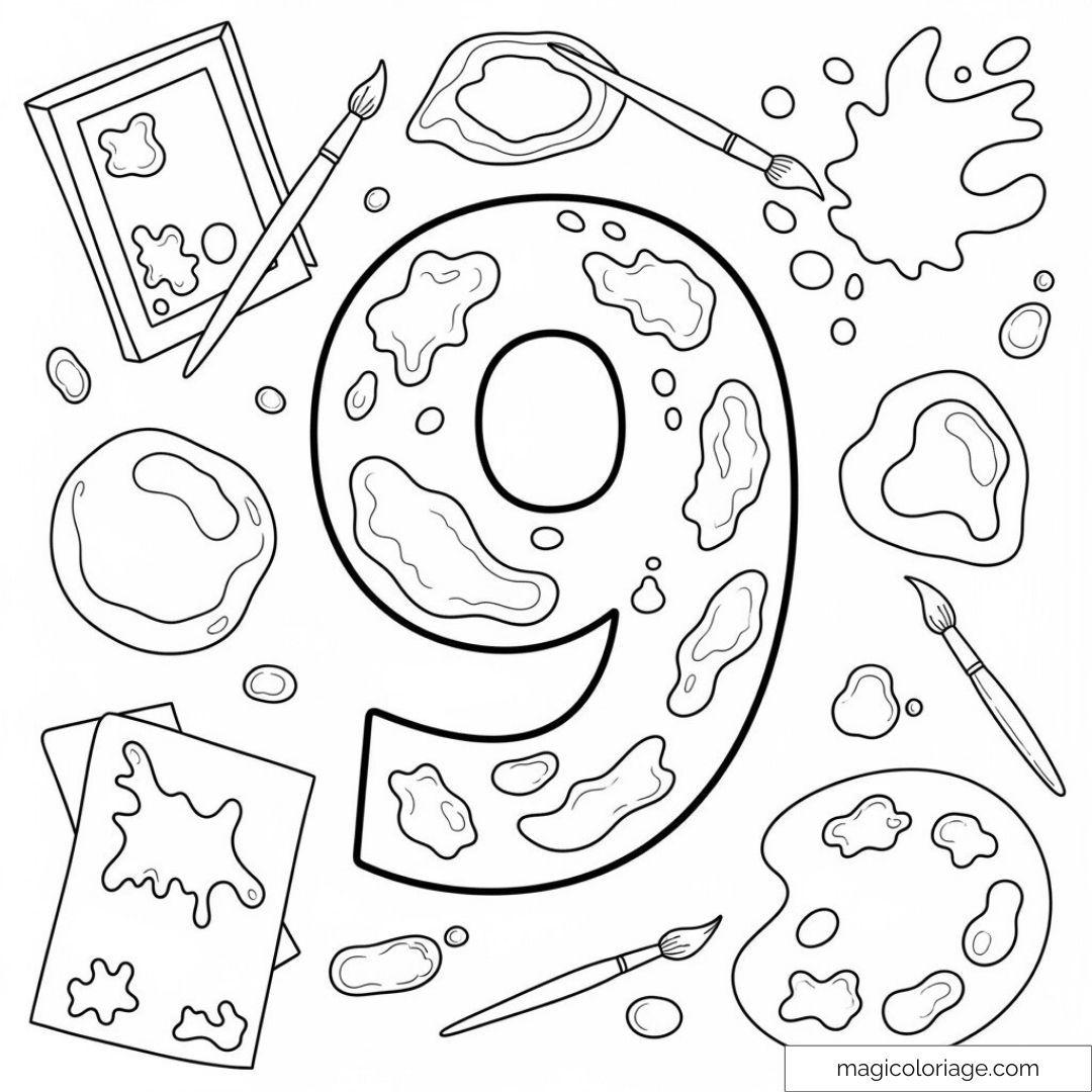 Coloriage de chiffre 9 décoré de taches de peinture et pinceaux