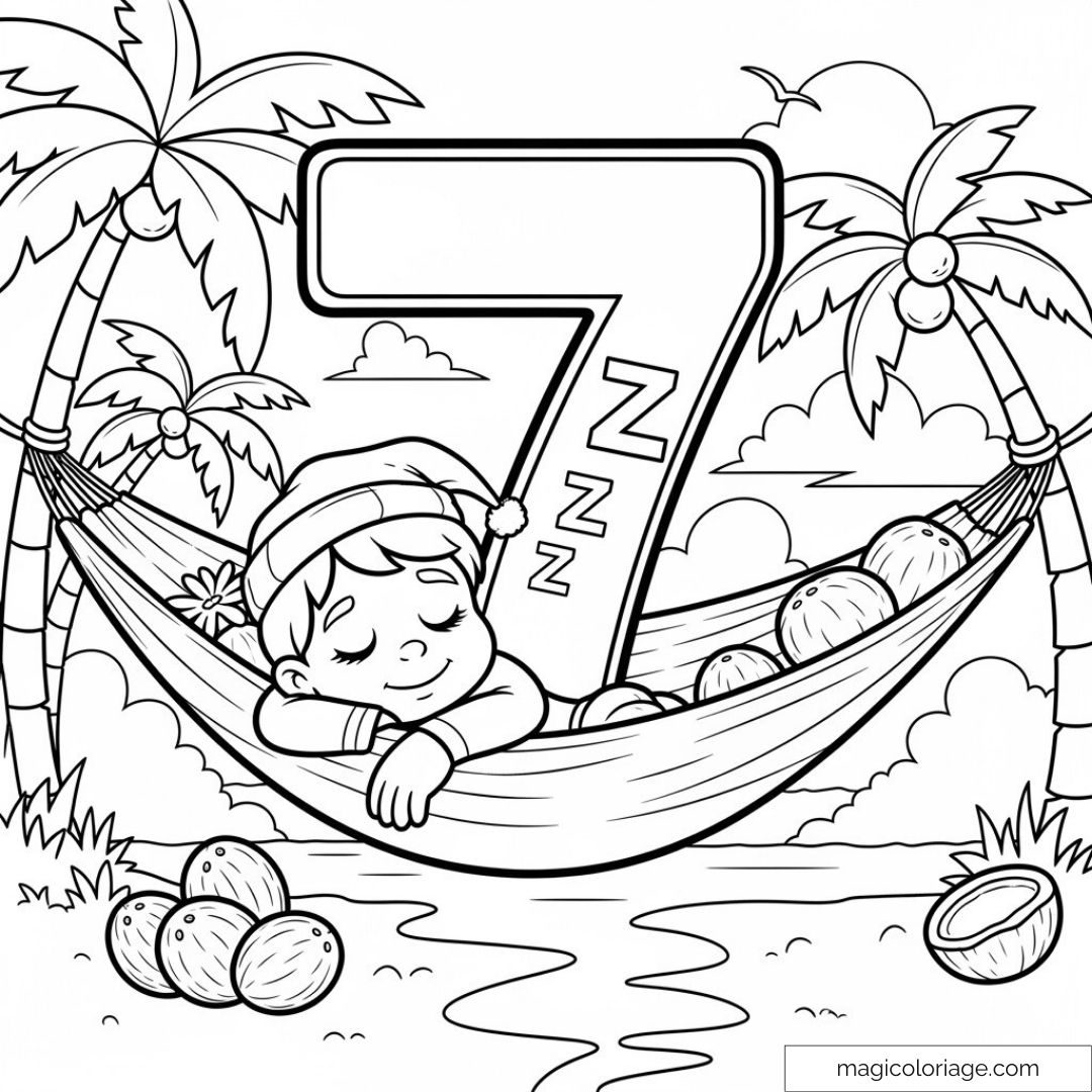 Enfant endormi sur hamac entouré de cocotiers et gros chiffre 7