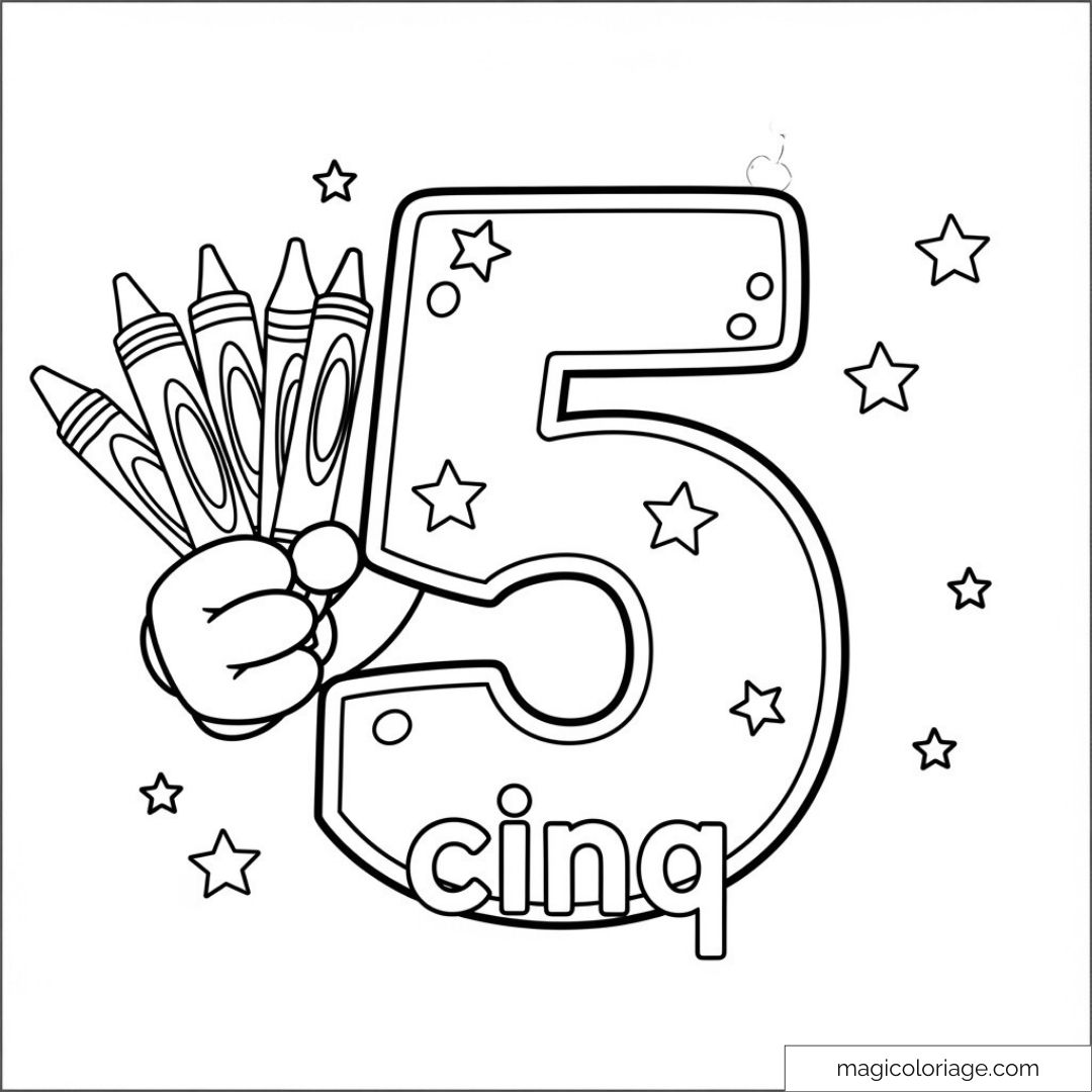 Numéro cinq à colorier avec main tenant crayons et étoiles en fond
