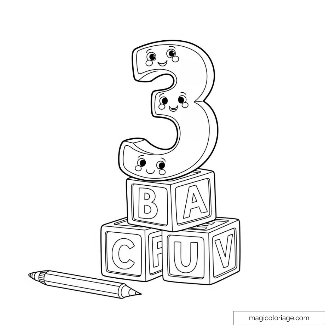 Blocs alphabet et chiffre 3 avec sourire