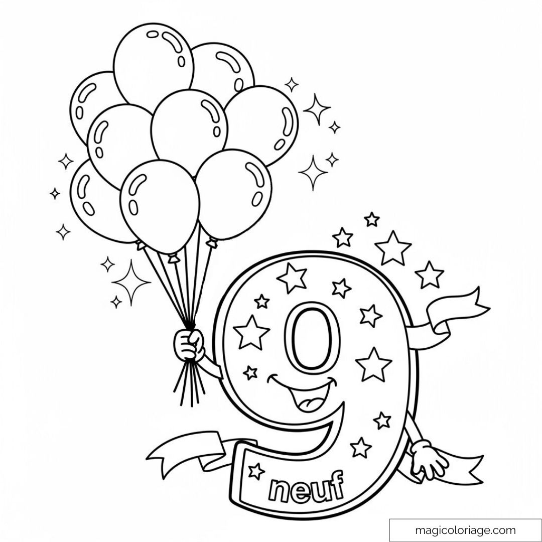 Dessin du chiffre neuf souriant avec ballons et étoiles.