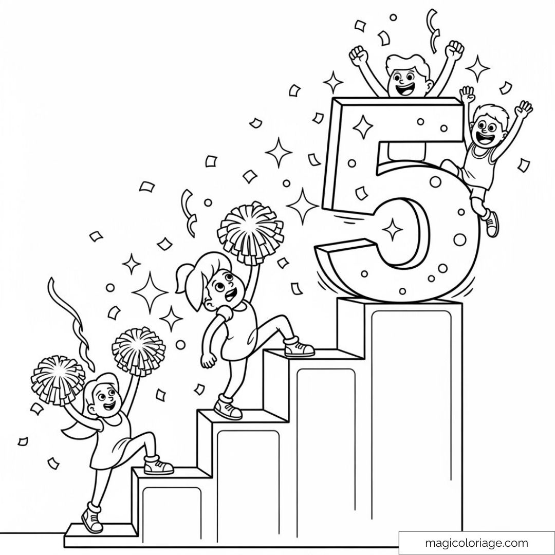 Enfants fêtant autour du chiffre 5 avec confettis et pompons