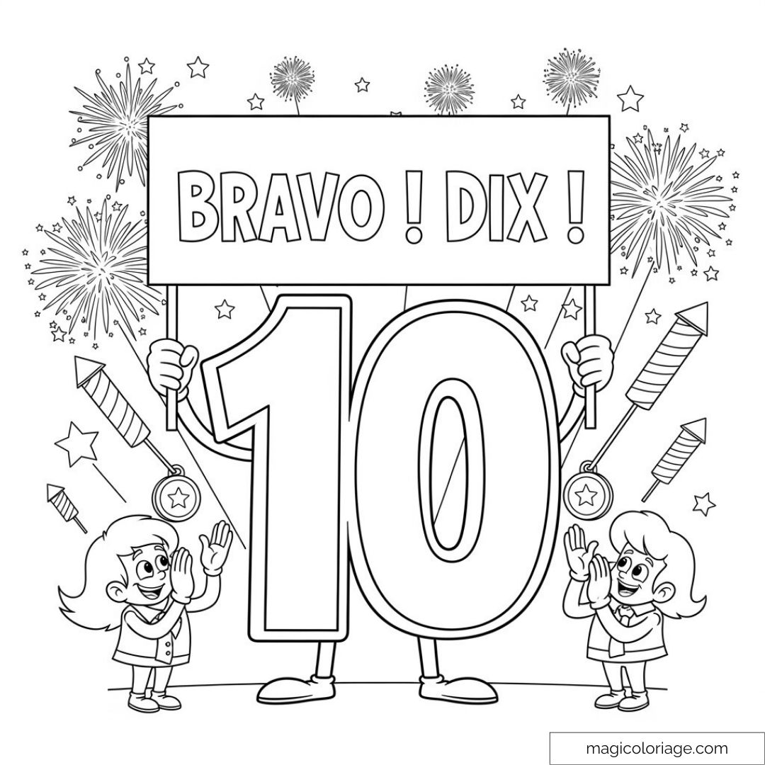 Dessin de fête d'anniversaire avec chiffre 10 et feux d'artifice.