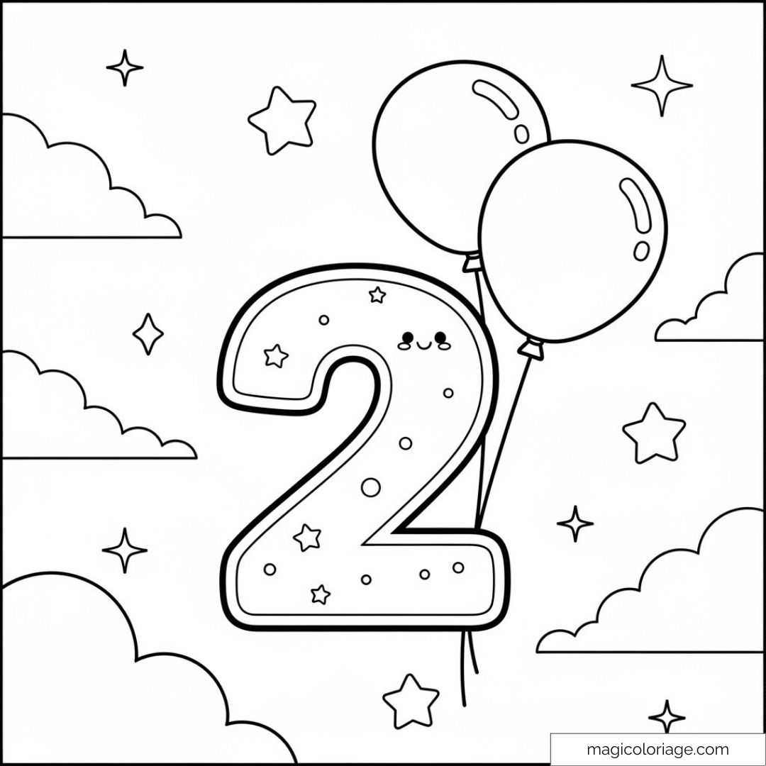 Dessin de chiffre 2 avec ballons et étoiles à colorier.