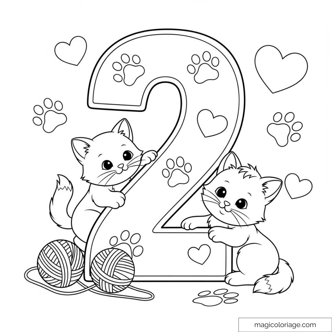 Deux chatons et chiffre 2 entourés de cœurs et empreintes de pattes