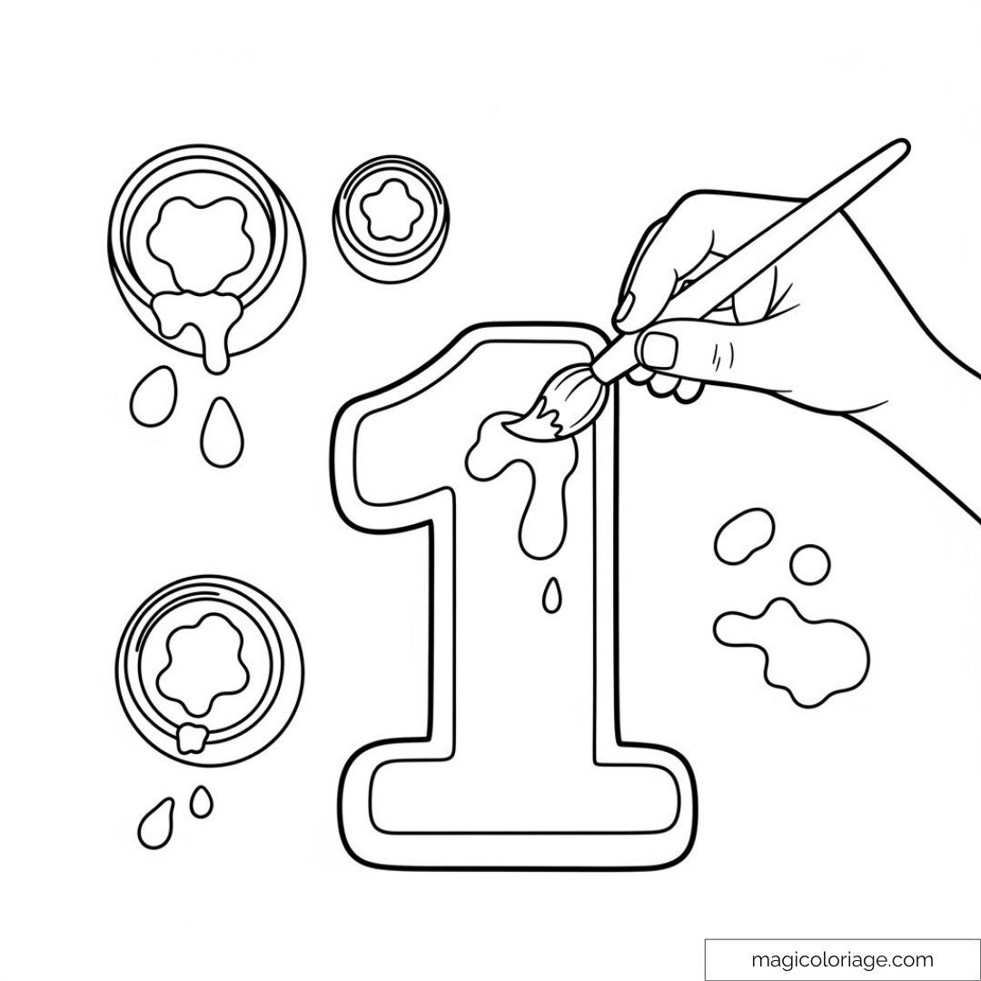 Coloriage du chiffre 1 avec pinceau et éclaboussures de peinture