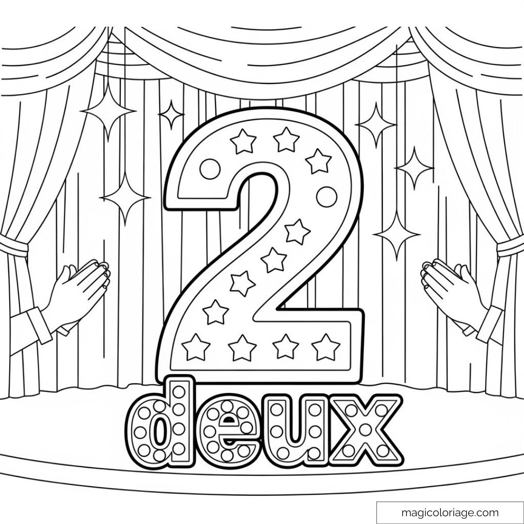 Dessin de numéro 2 entouré d'étoiles sur une scène avec rideaux et mains.
