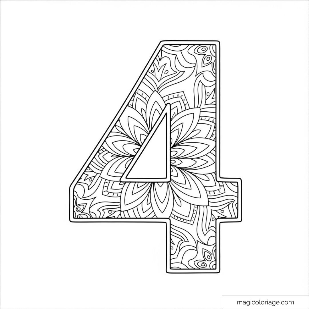 Dessin du numéro 4 orné de motifs mandala détaillés pour coloriage relaxant.