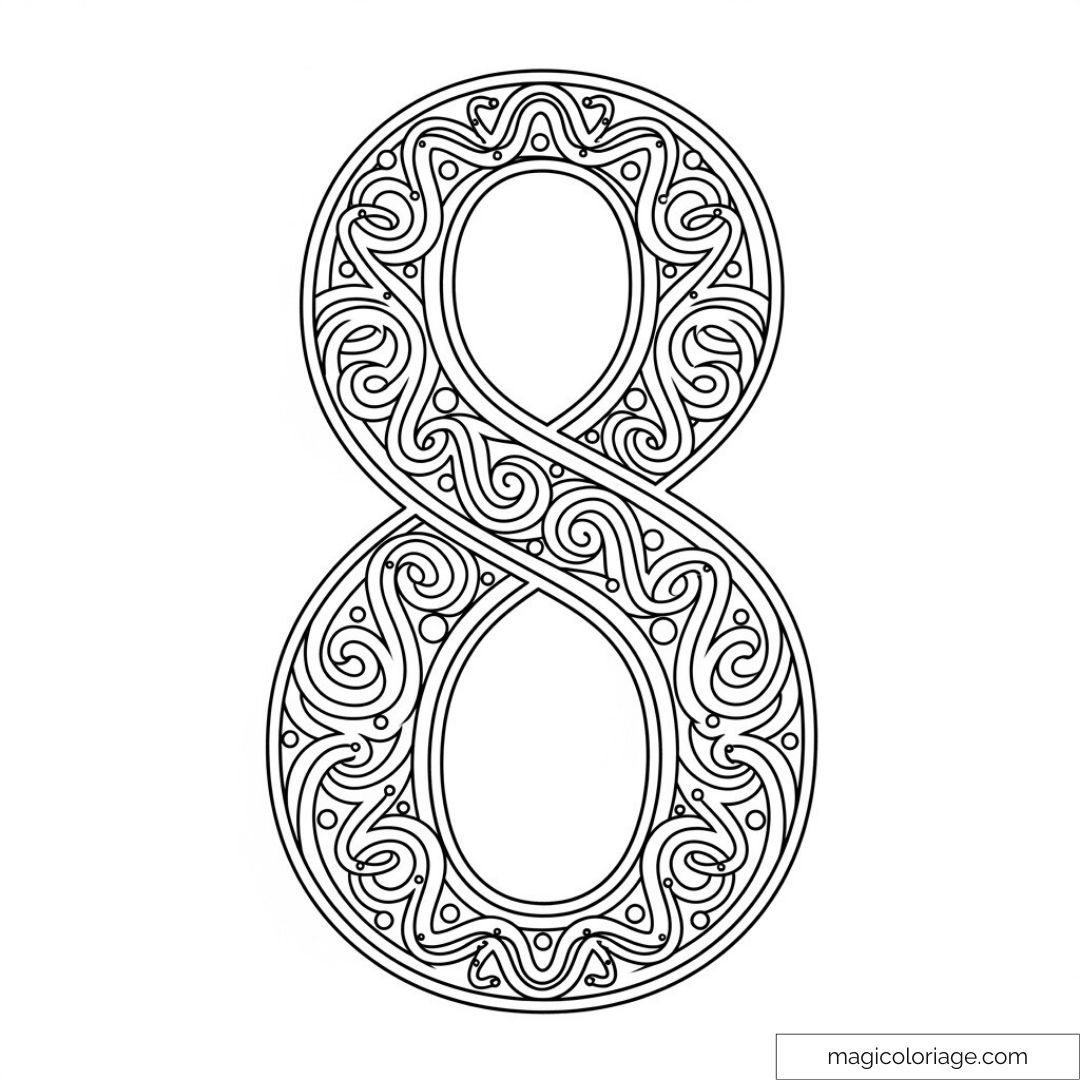 Dessin du chiffre 8 décoré de motifs complexes pour coloriage.