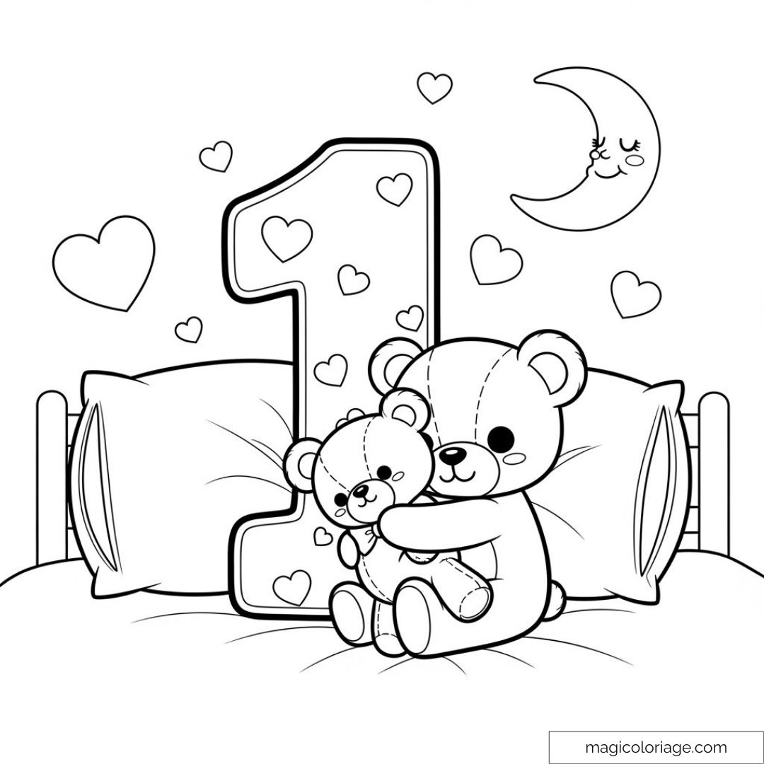 Dessin d'un ours en peluche câlinant un petit avec chiffre 1