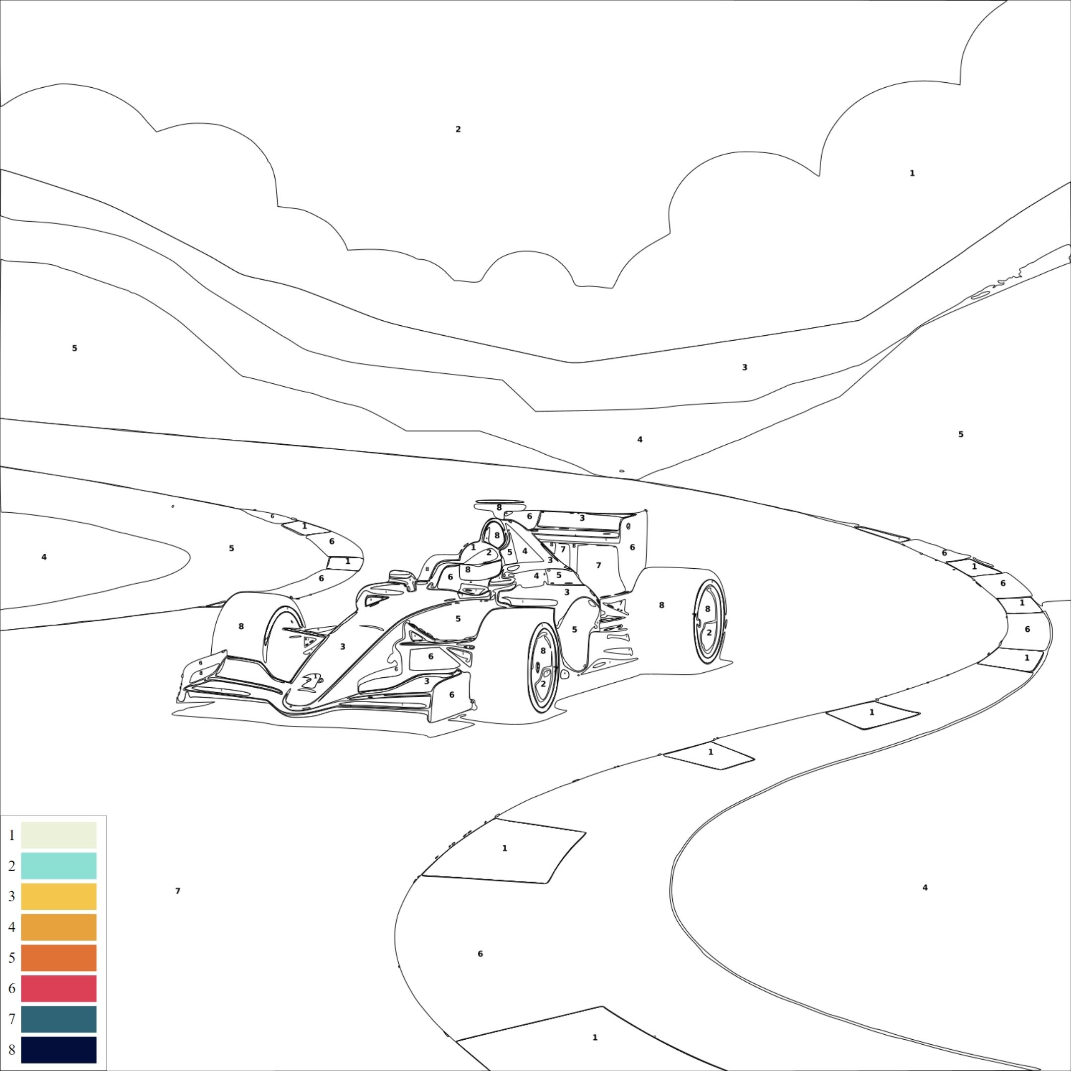Voiture de Formule 1 en course sur circuit sinueux à colorier.
