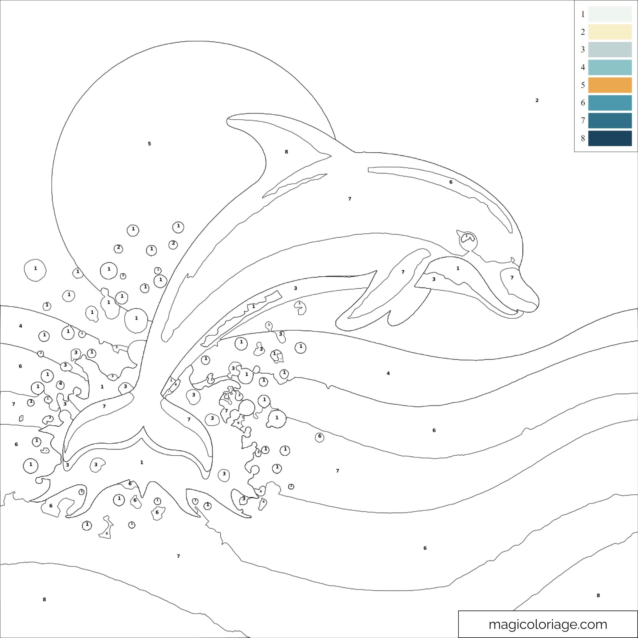Coloriage de dauphin sautant sur fond de vagues et soleil.