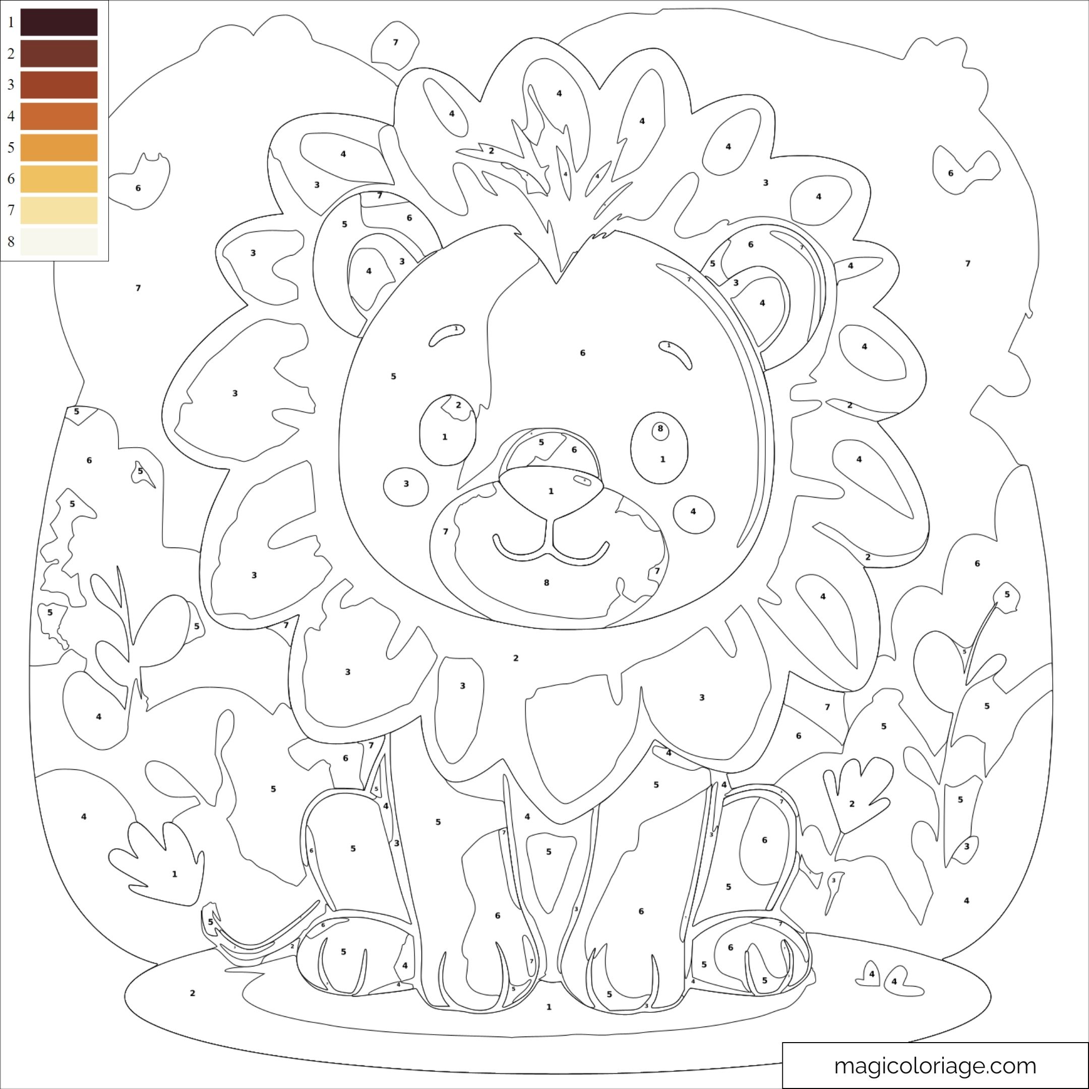 Coloriage magique lion avec chiffres et nature en arrière-plan.