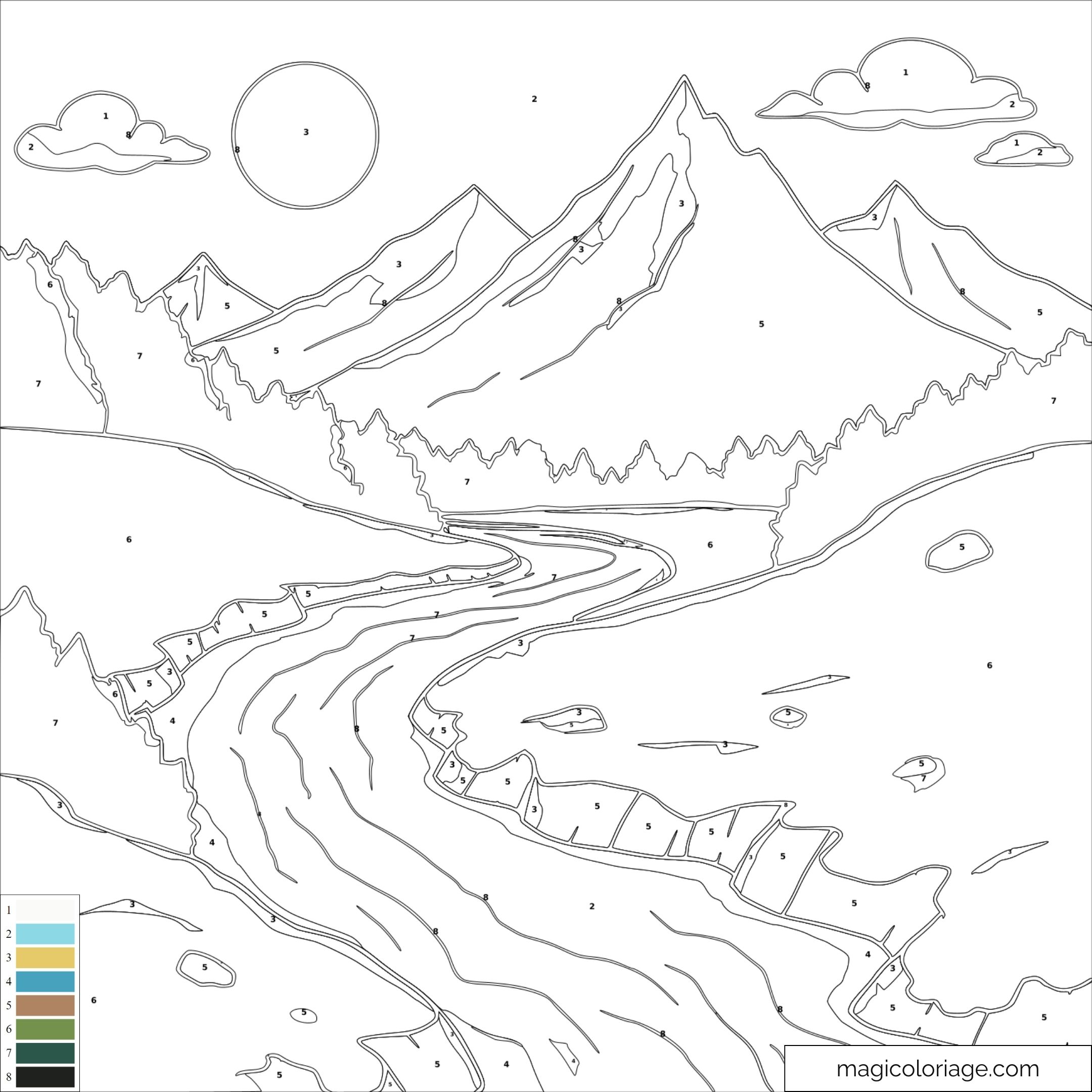 Coloriage numérique de montagnes et rivière