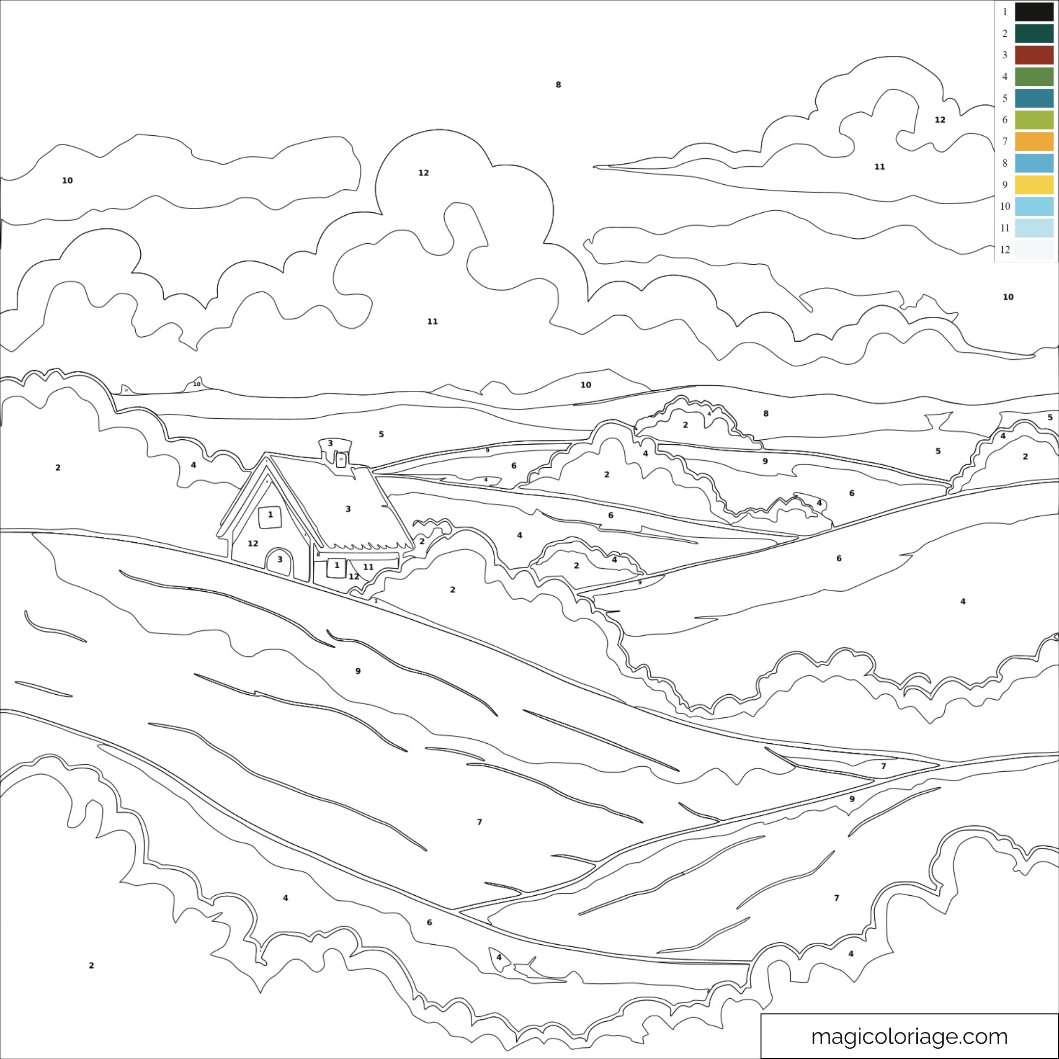 Dessin de paysage avec maison et nuages
