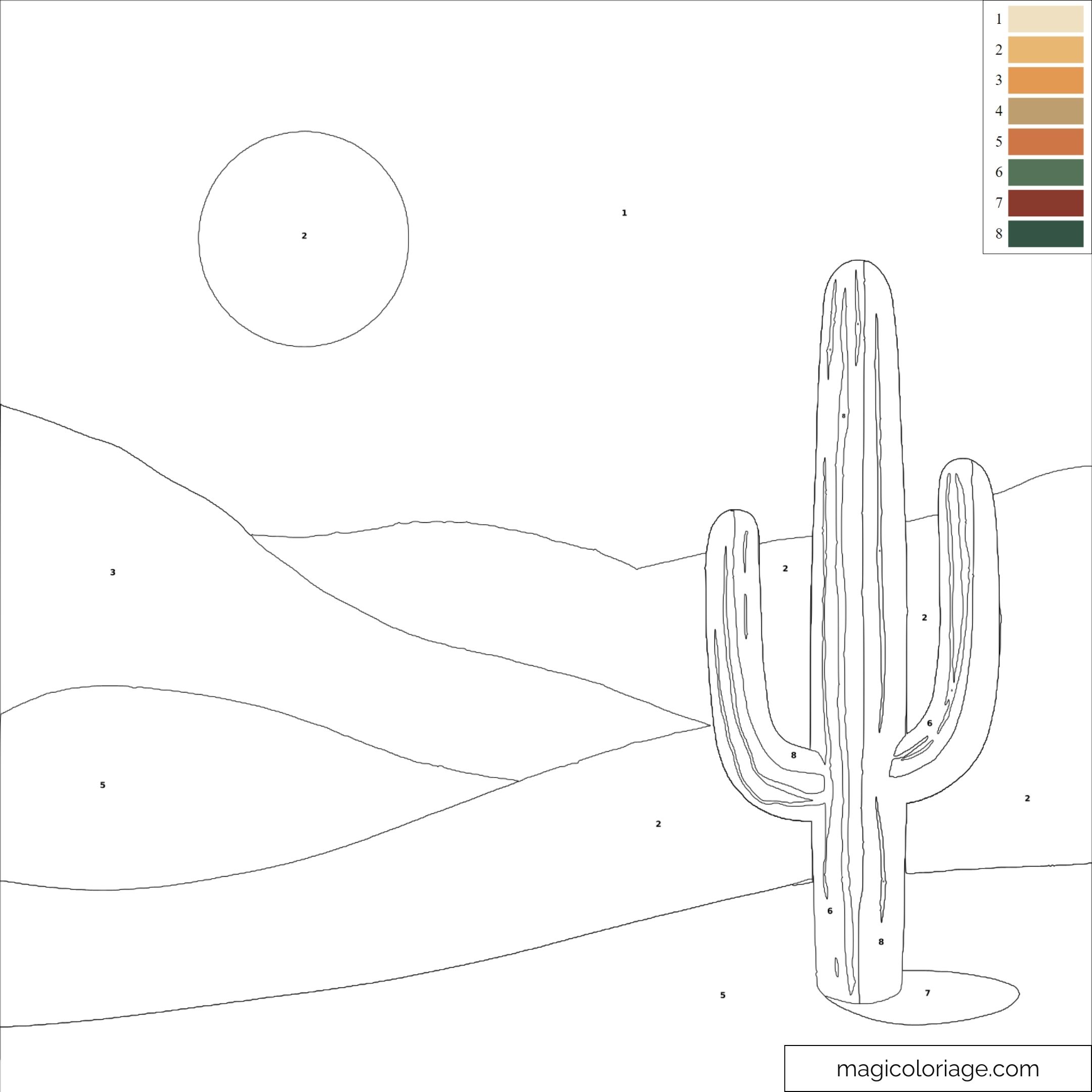 Coloriage paysage désertique avec cactus et soleil