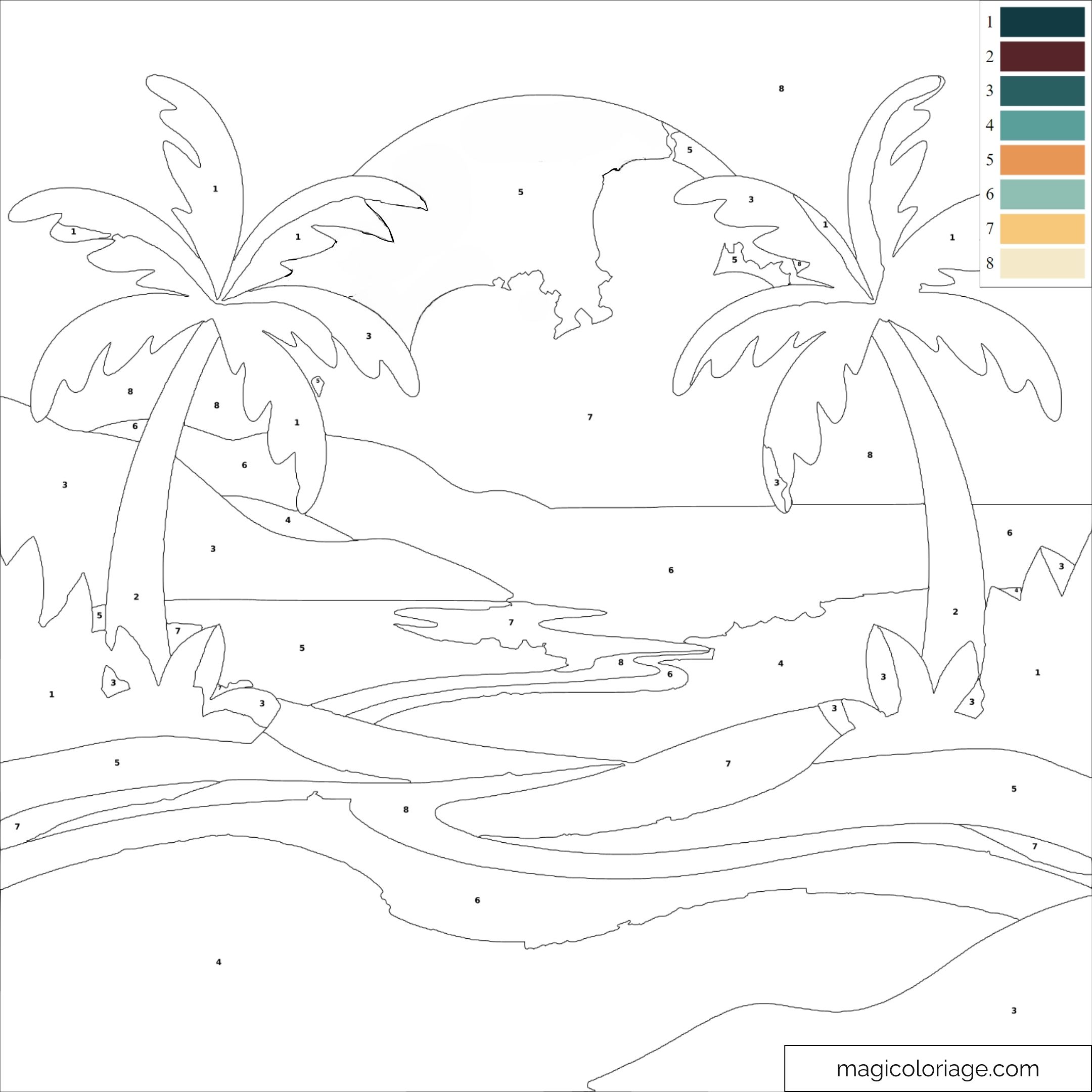 Coloriage paysage tropical avec palmiers et plage