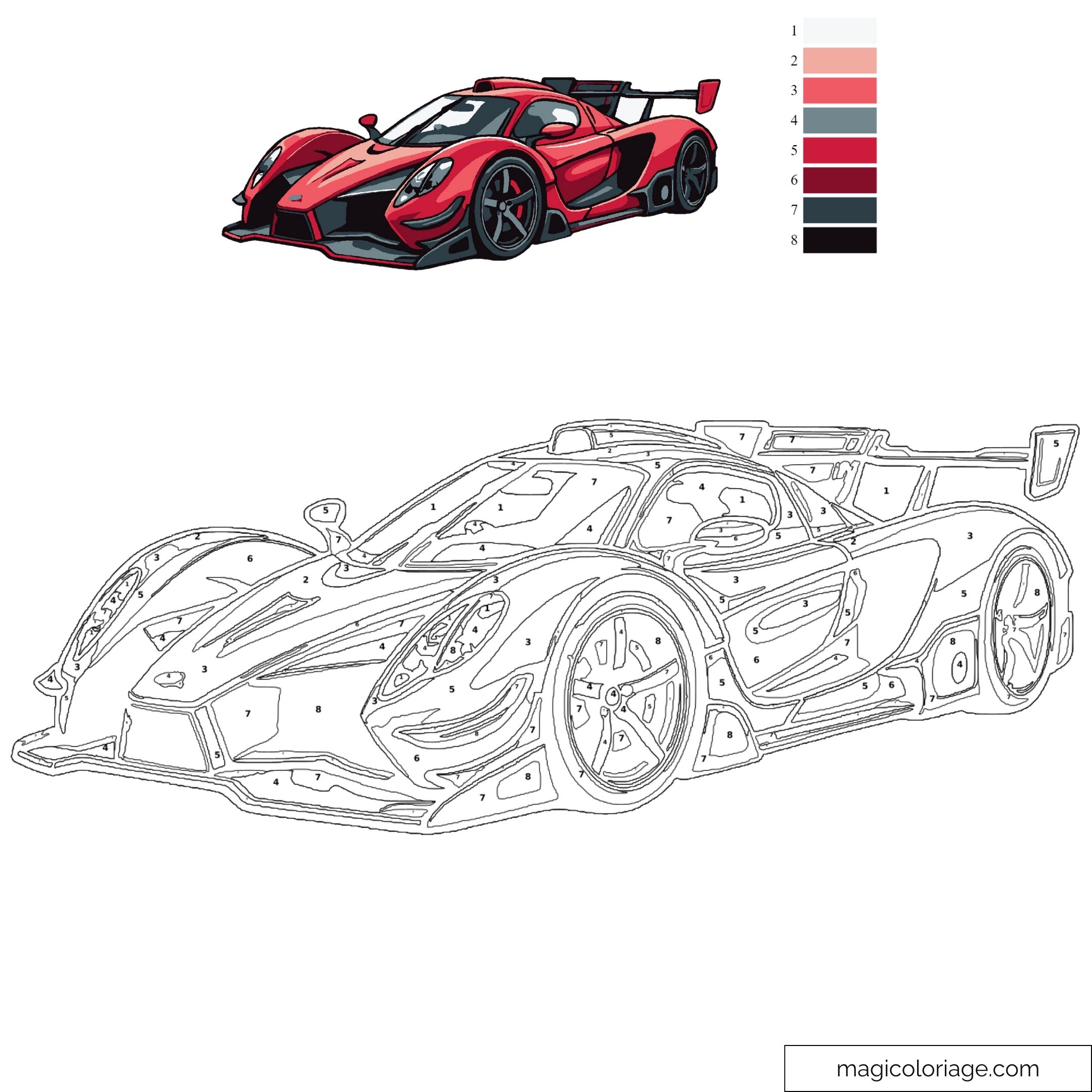 Dessin de voiture de course à colorier avec palette de couleurs.