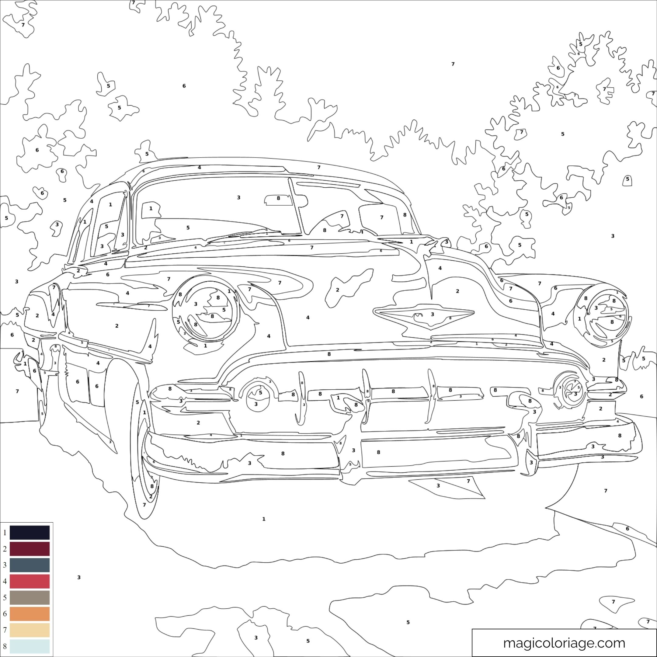 Coloriage voiture vintage avec numéros pour enfants et adultes.
