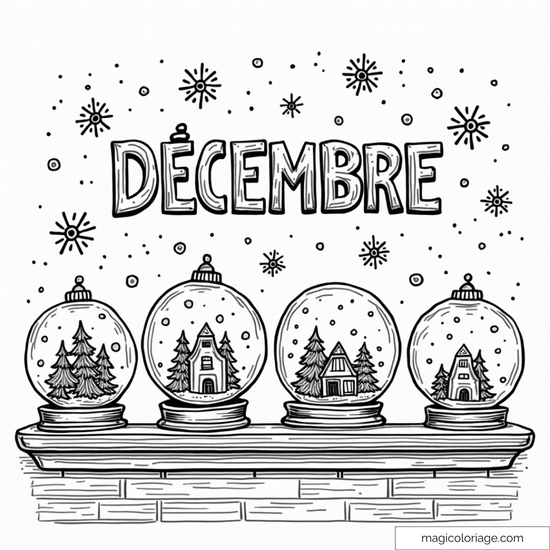 Dessin de boules de neige avec sapins à colorier pour décembre