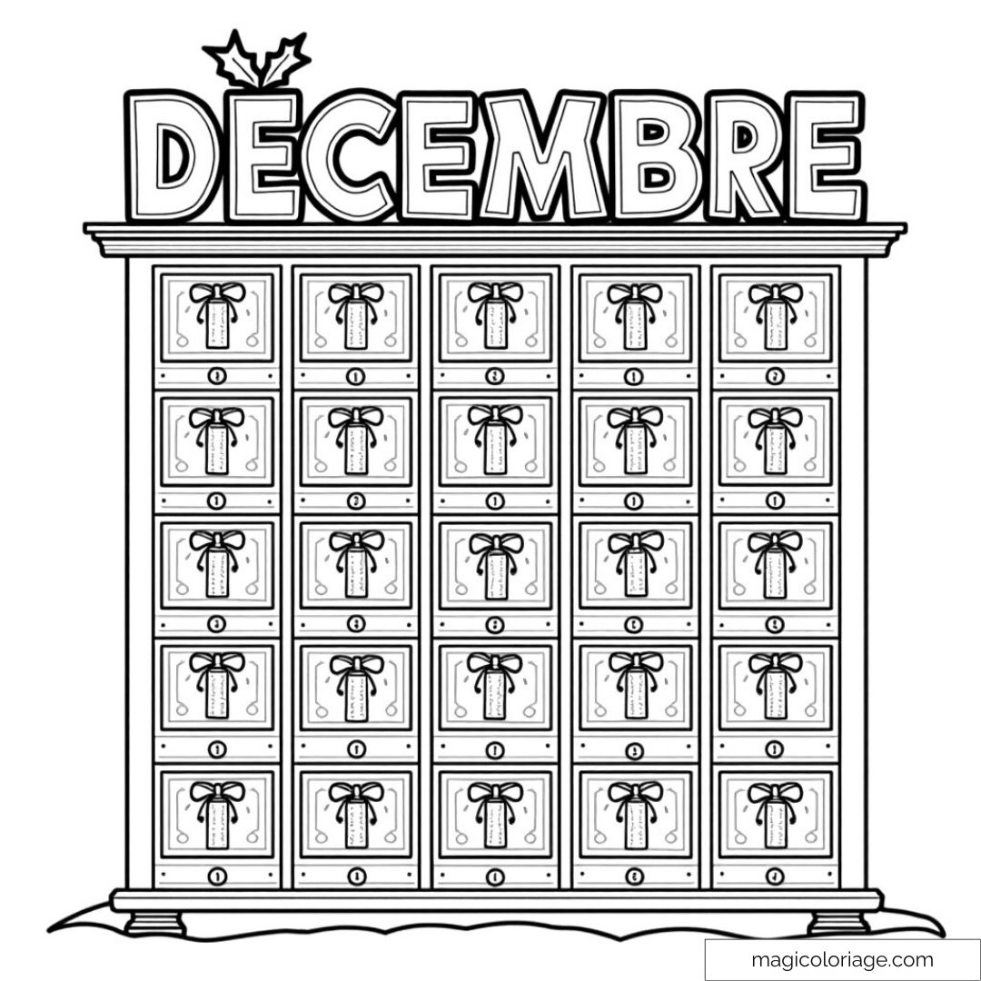 Coloriage calendrier de l'Avent avec cadeaux et "Décembre"