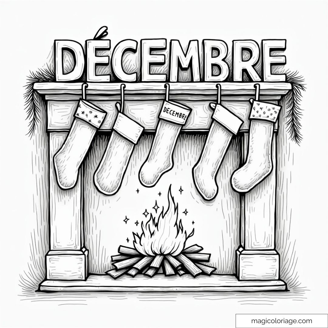 Coloriage de chaussettes de Noël suspendues au-dessus d'une cheminée