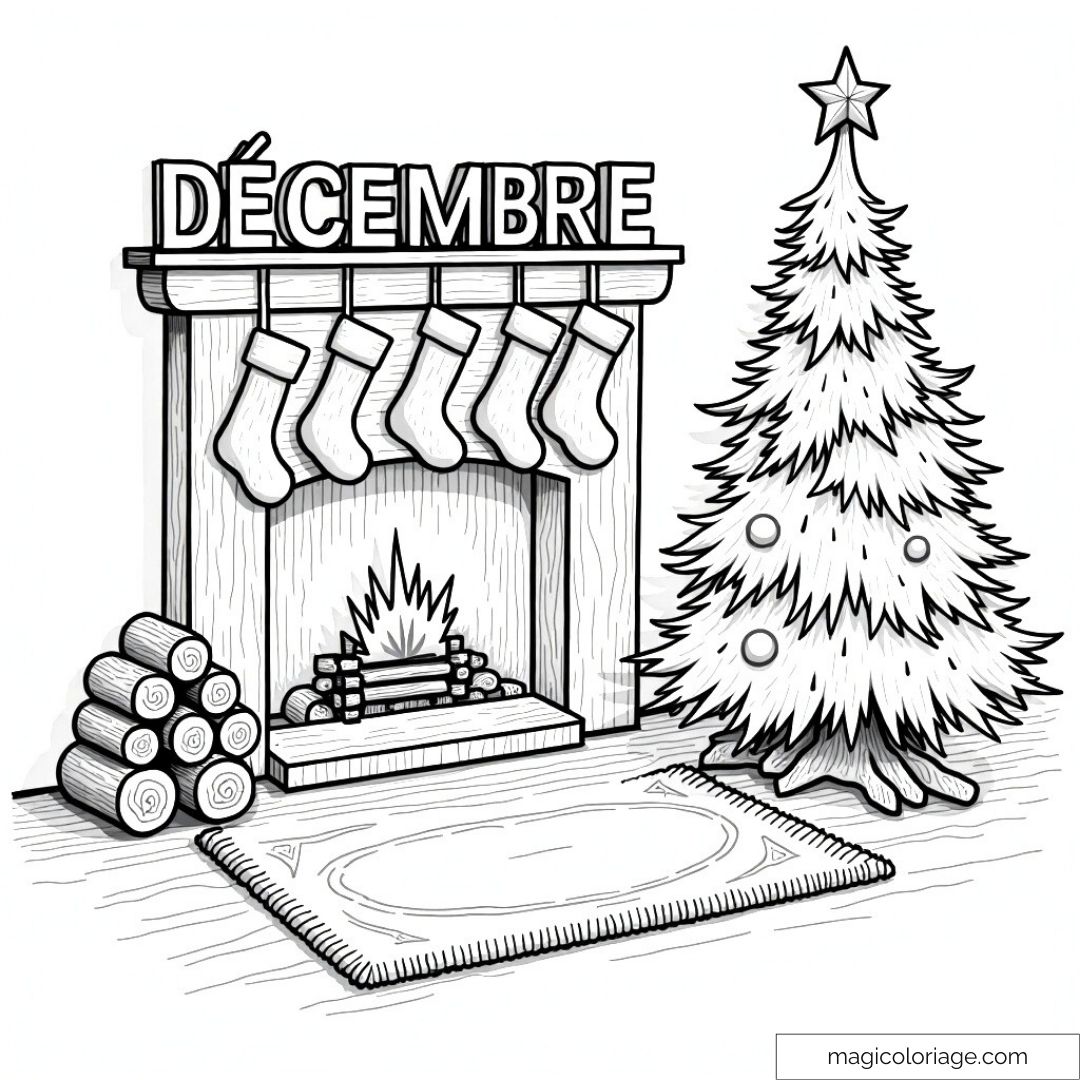 Dessin de sapin et cheminée de Noël avec guirlandes et chaussettes à colorier.