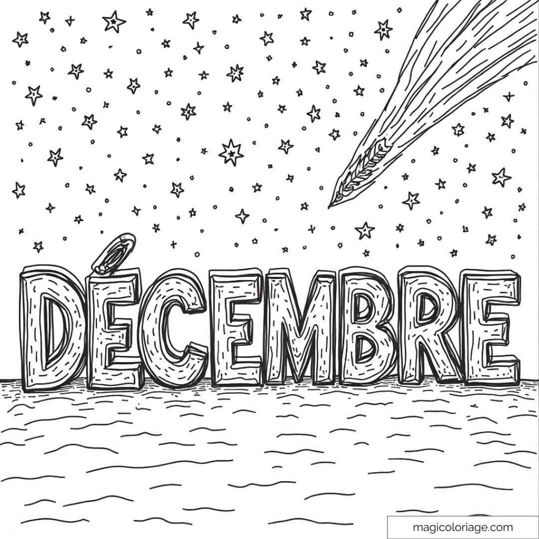 Coloriage mot "Décembre" avec étoiles et comète