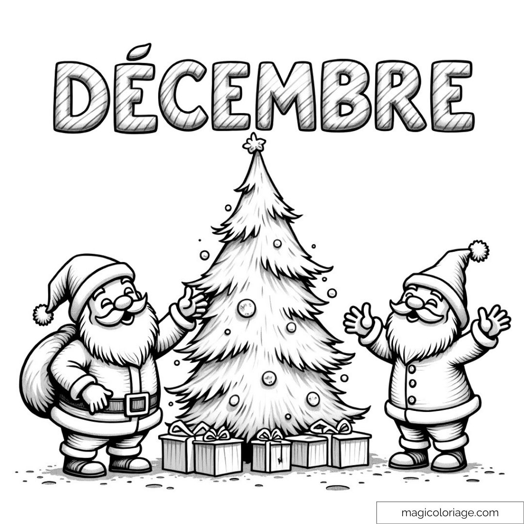 Père Noël et sapin de Noël entouré de cadeaux