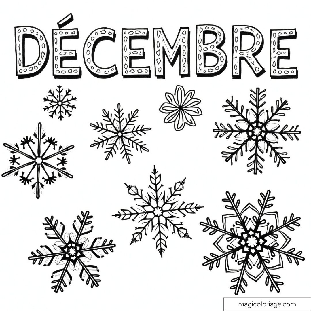 Image de décembre avec des flocons de neige à colorier