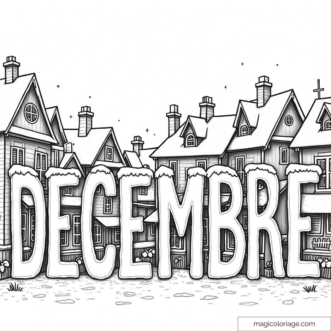 Dessin de maisons enneigées et lettrage "Décembre" pour coloriage