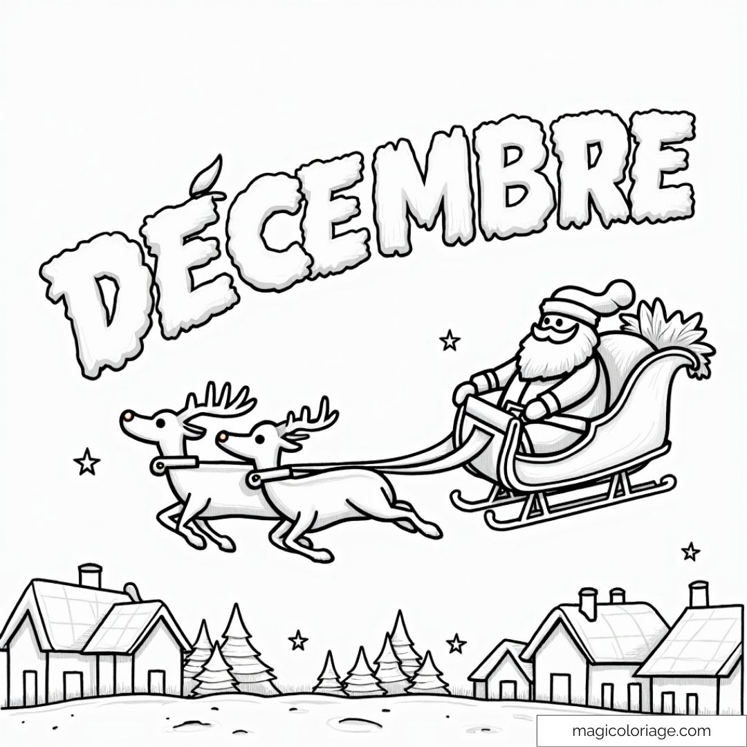 Image en noir et blanc du Père Noël sur son traîneau