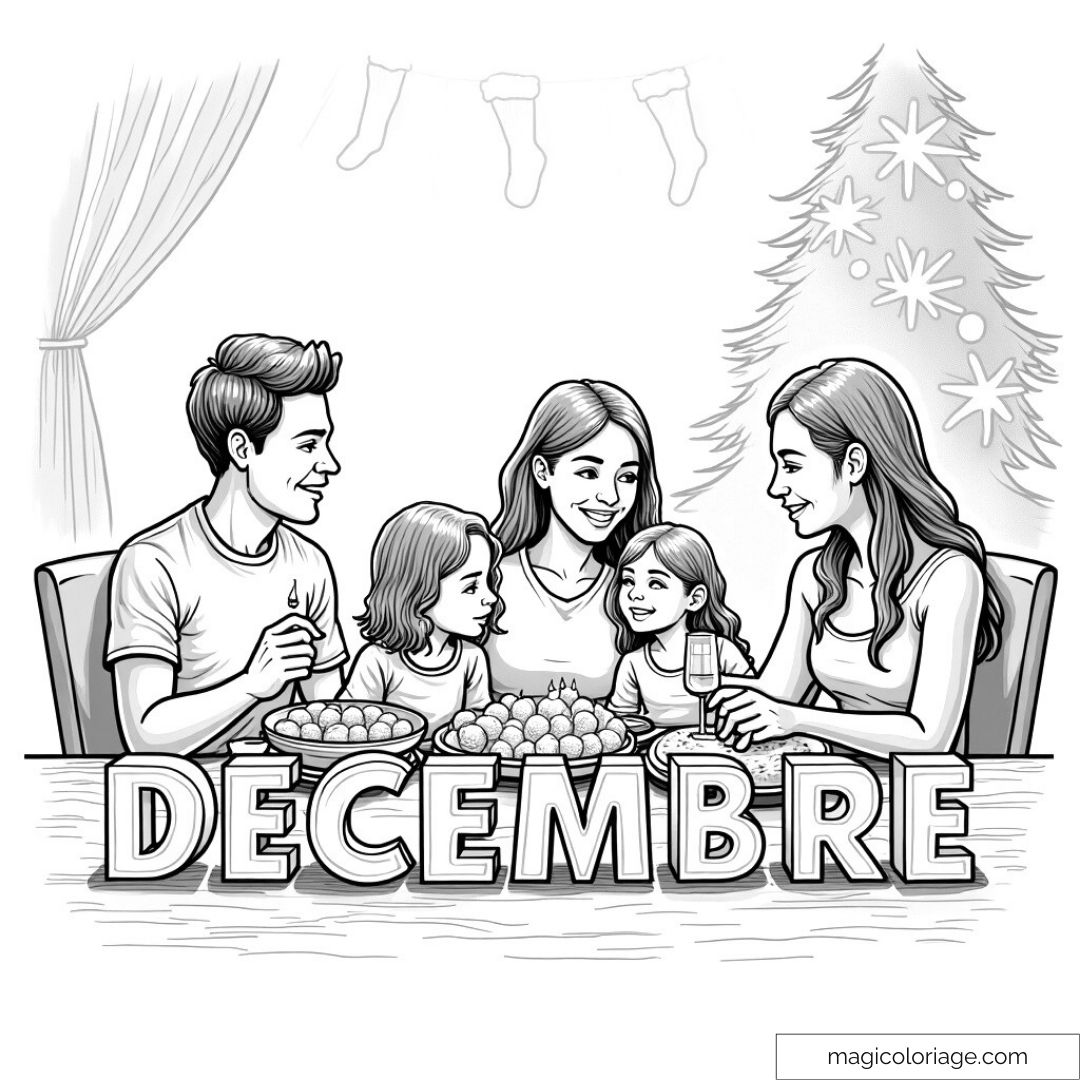 Dessin de famille autour d'une table en décembre avec arbre de Noël.