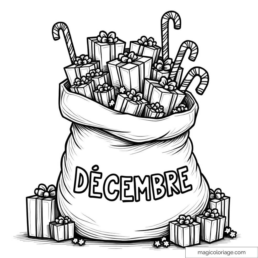 Dessin d'un sac de cadeaux de Noël décoré