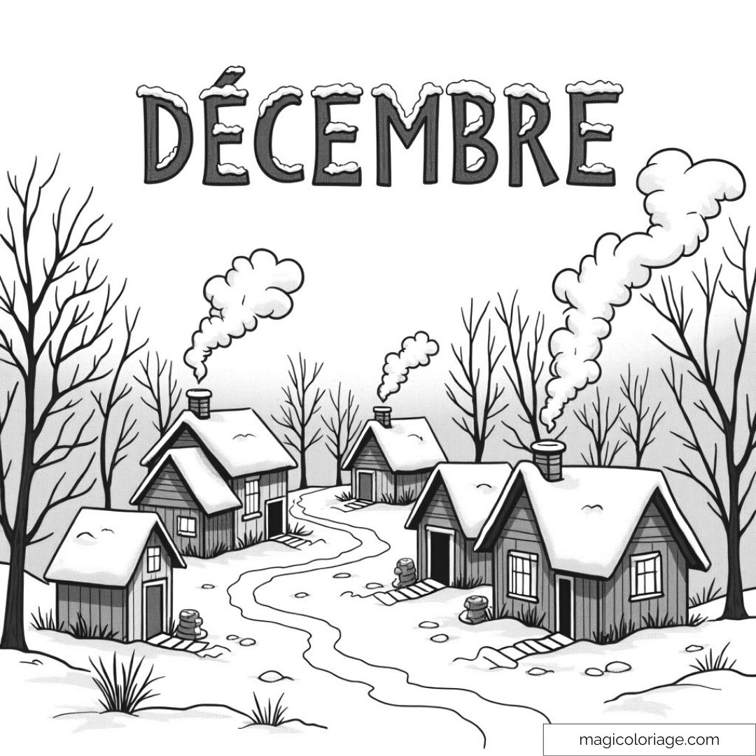 Coloriage de village enneigé sous le thème de décembre