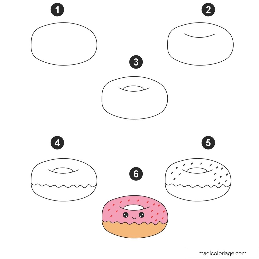 Dessin étape par étape d'un donut kawaii avec glaçage rose et yeux mignons.