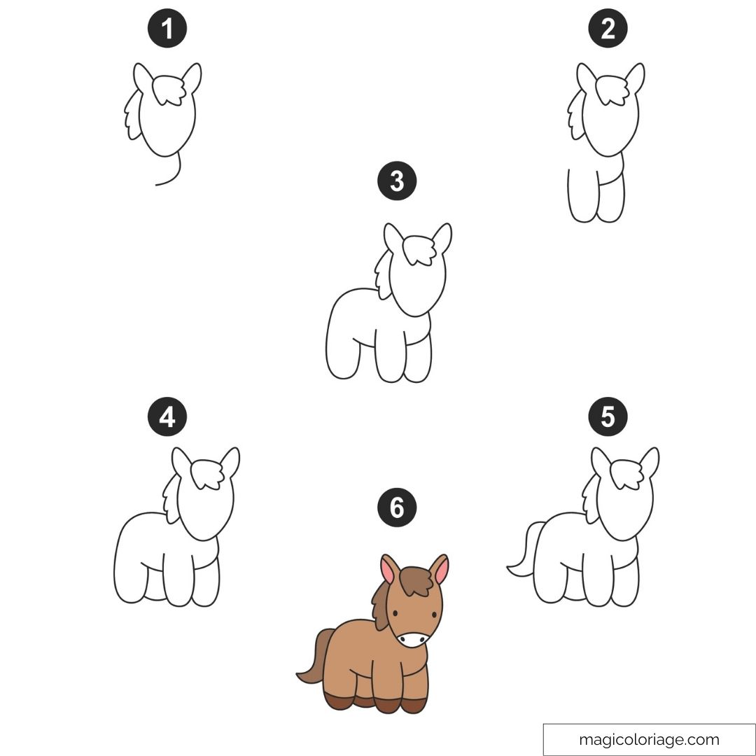 Tutoriel de dessin d’un poney en plusieurs étapes