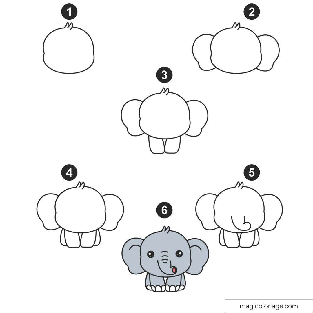 Tutoriel de dessin d'un éléphant mignon en étapes simples.