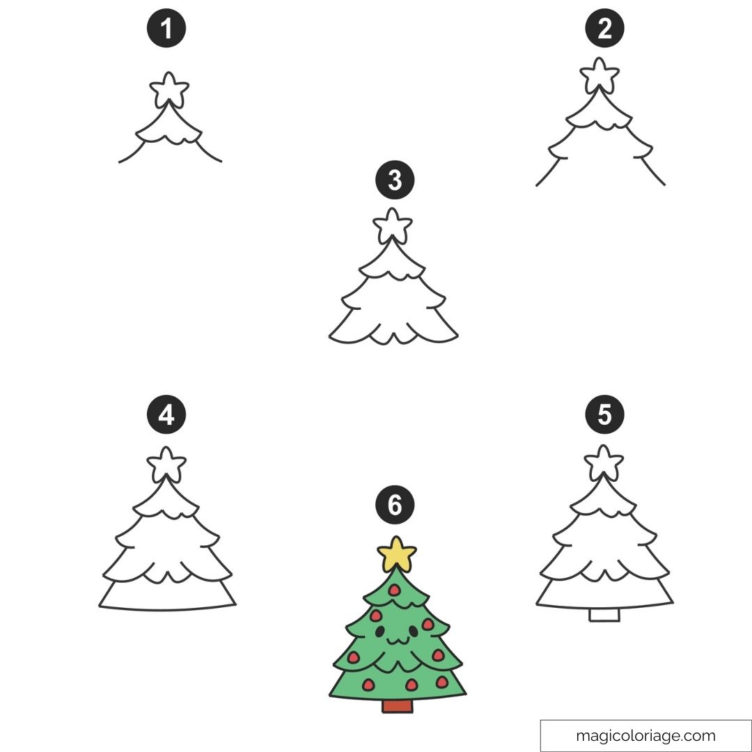 Dessin de sapin de Noël avec étoiles et décorations colorées