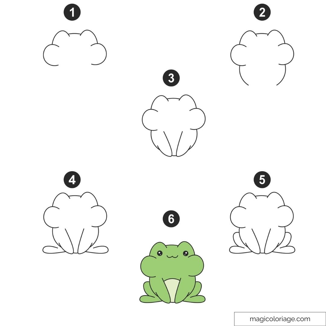 Dessin grenouille kawaii étapes simples pour enfants et débutants.