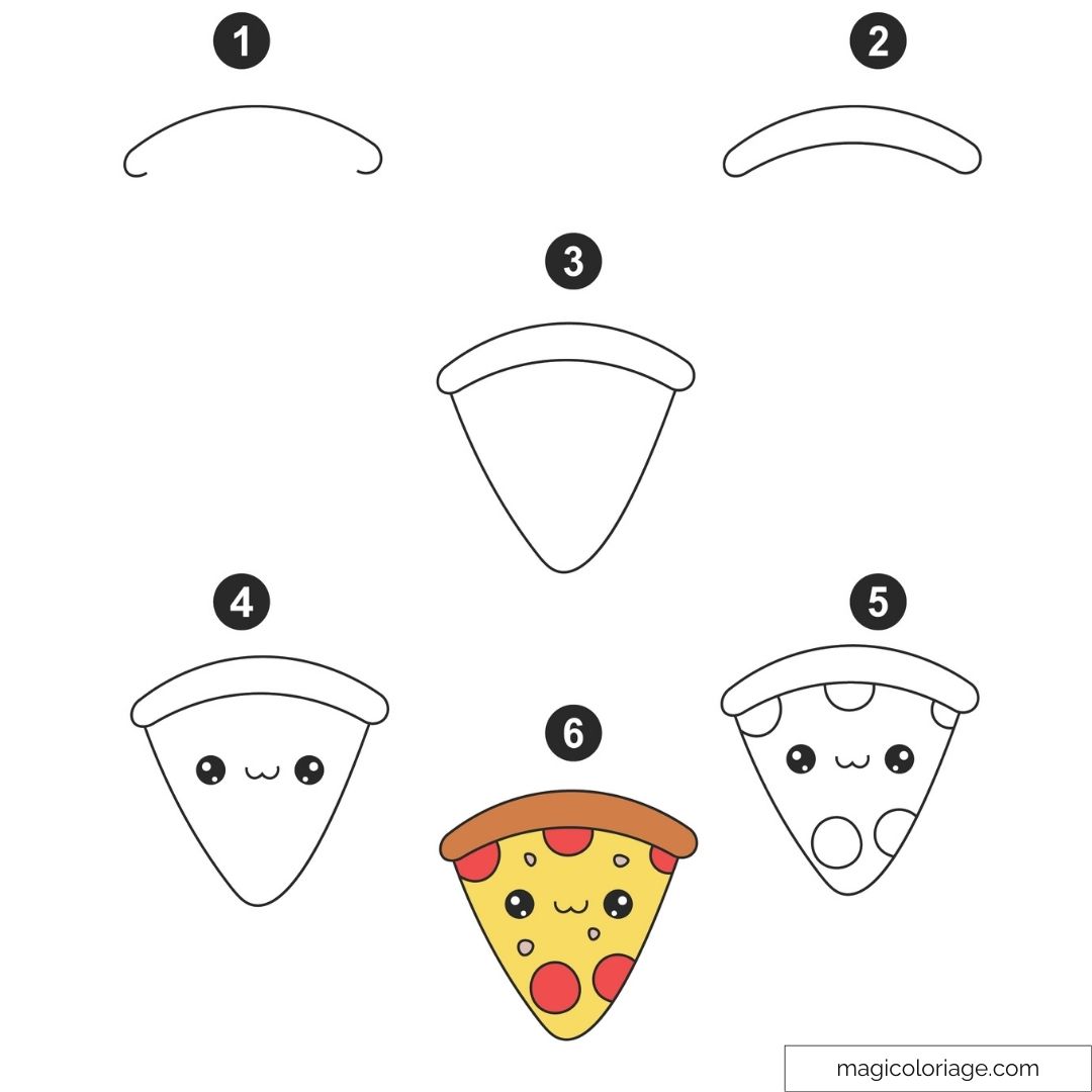 Dessin de pizza kawaii étape par étape avec visage adorable