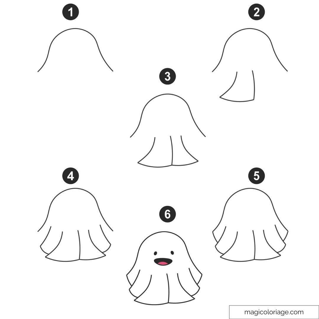 Dessin étape par étape d'un fantôme kawaii mignon et souriant.