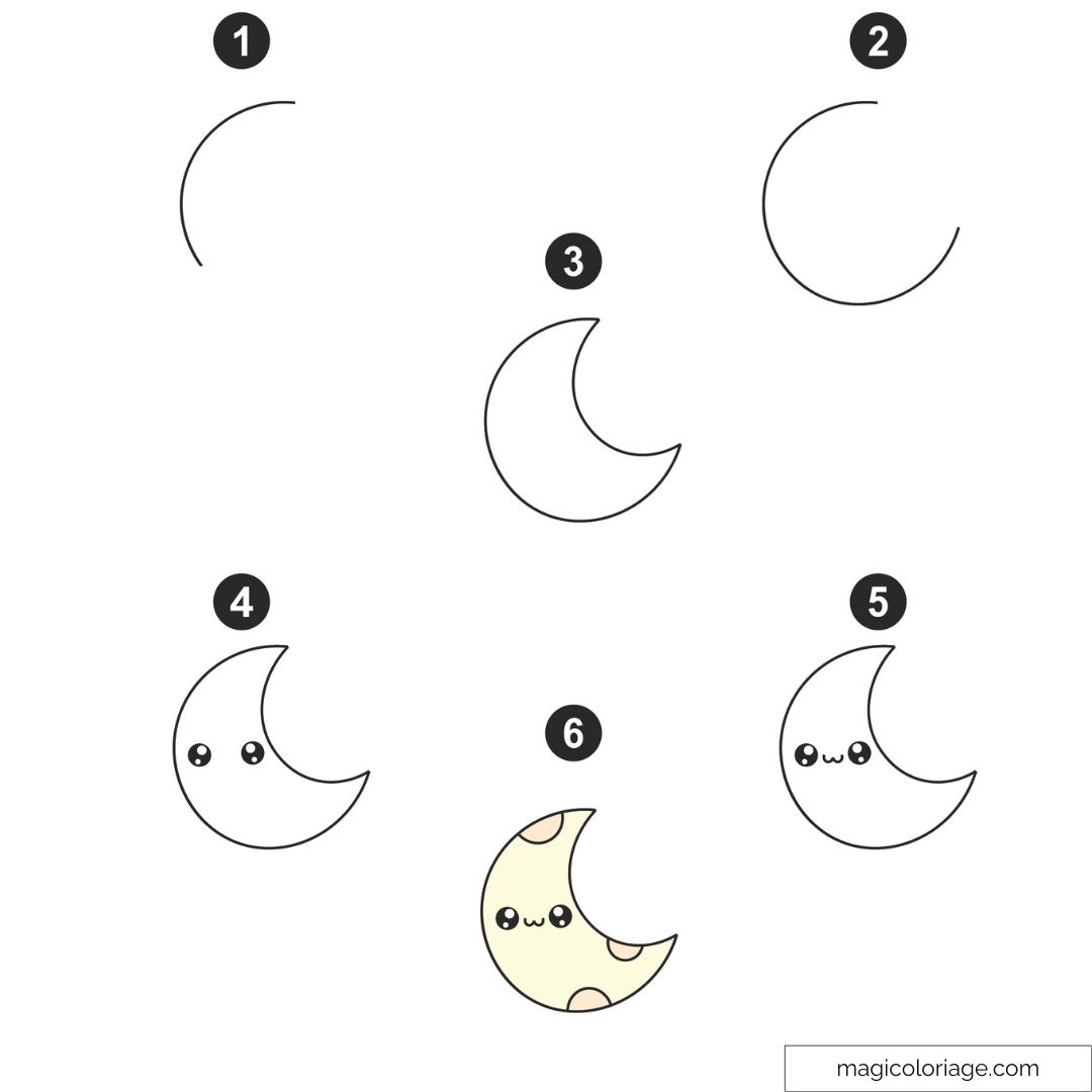 Dessin d'une lune kawaii étape par étape avec yeux adorables