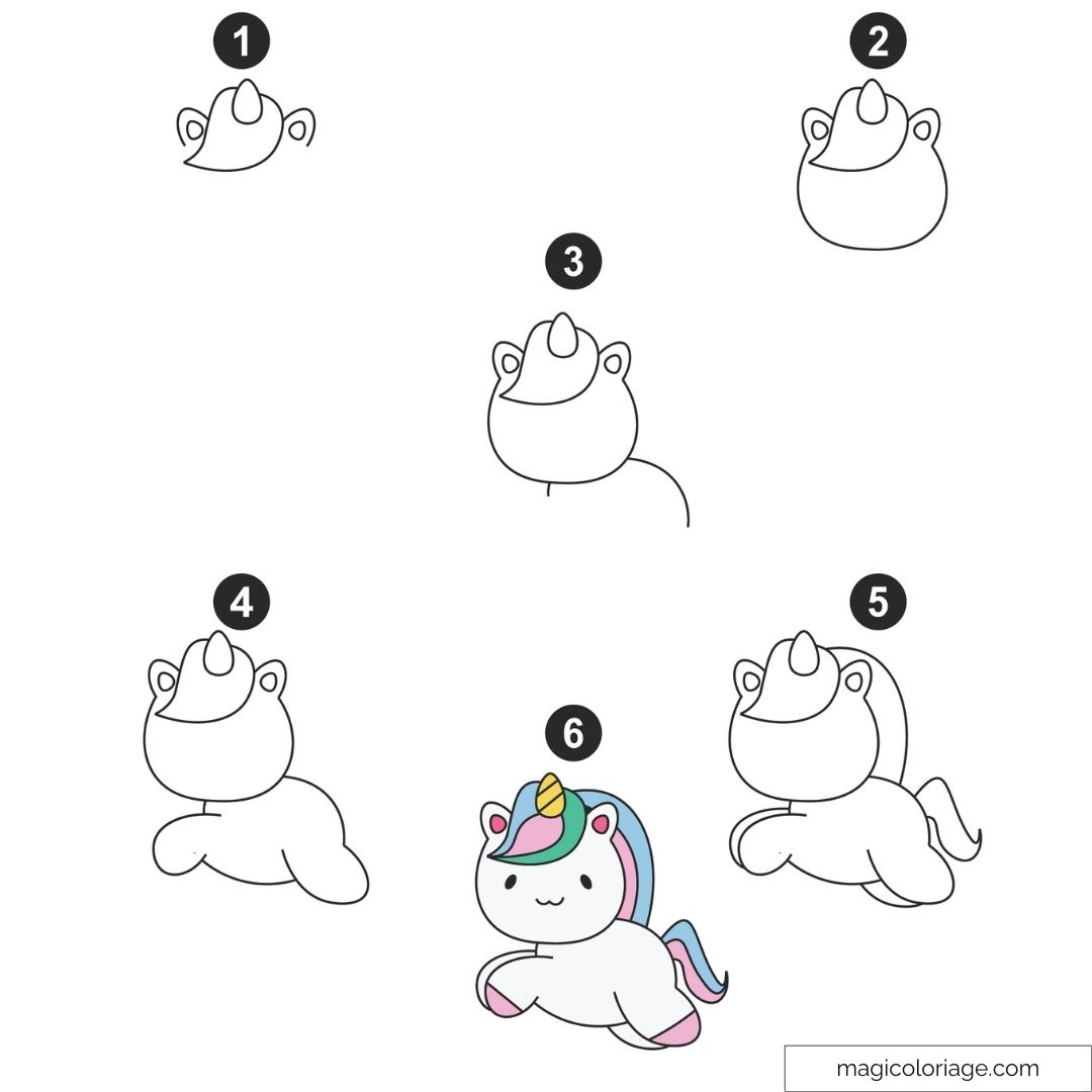Tutoriel de dessin de licorne mignonne en étapes faciles.
