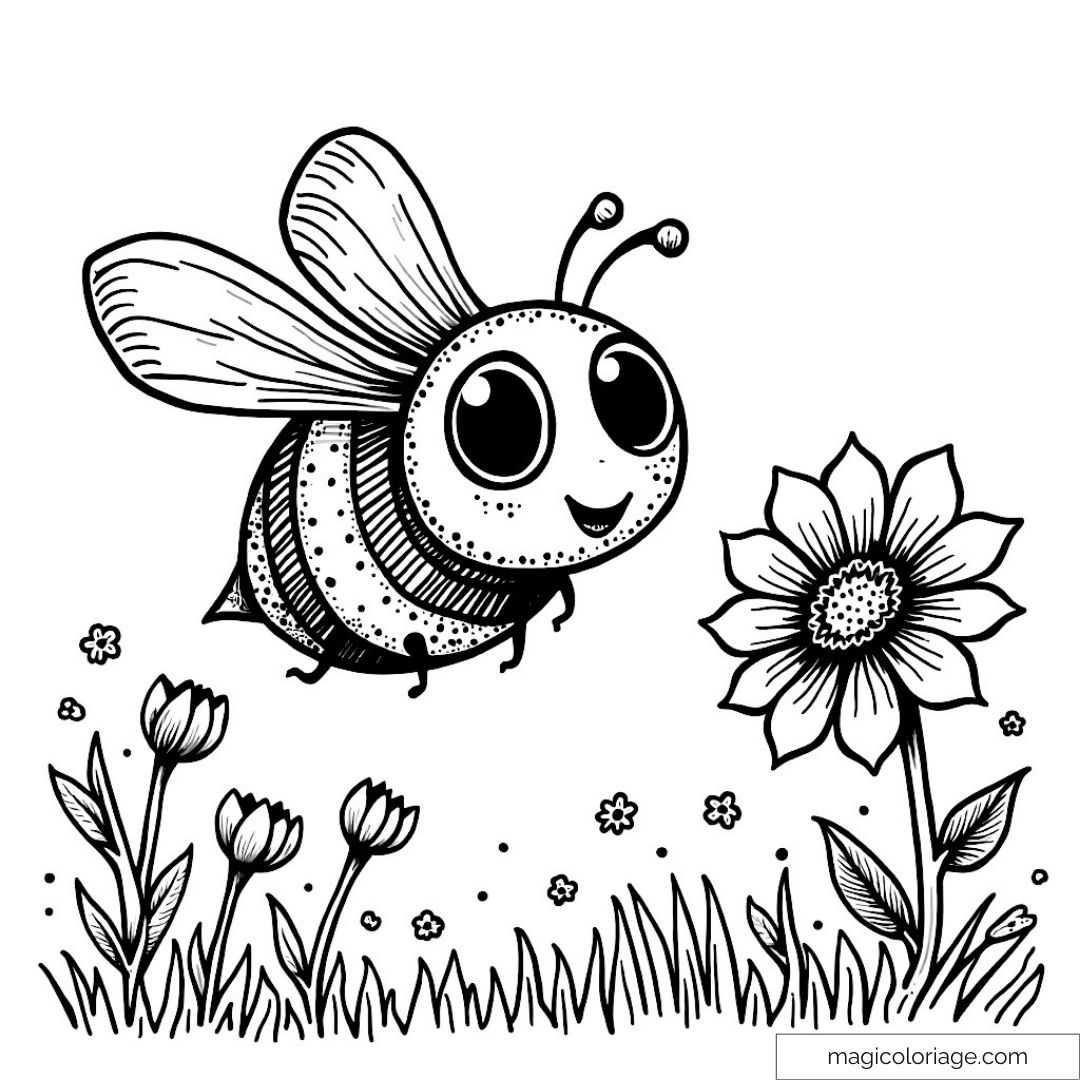 Coloriage d'une abeille souriante près d'une fleur