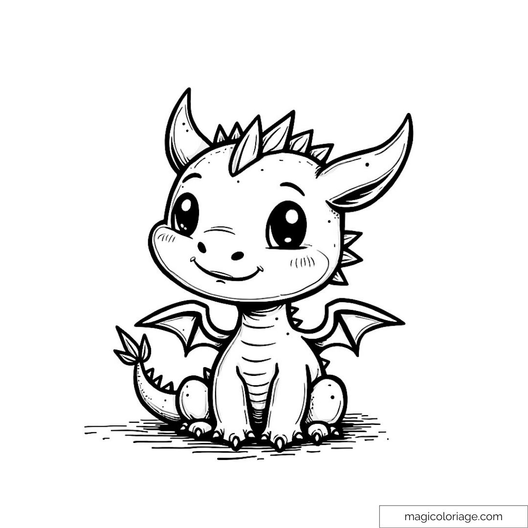 Dessin d'un dragon cartoon mignon assis avec un sourire.