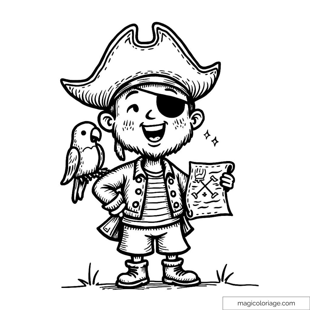 Petit pirate dessiné tenant une carte au trésor avec un perroquet sur l'épaule